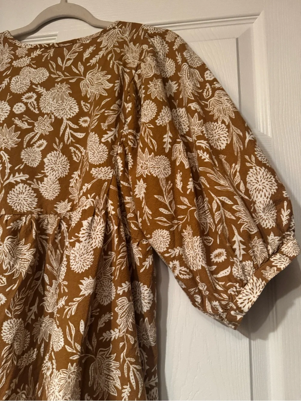Universal Thread Sz XL Raw Umber Brown Floral Puff-Sleeve Cotton Mini Dress - Picture 9 of 13